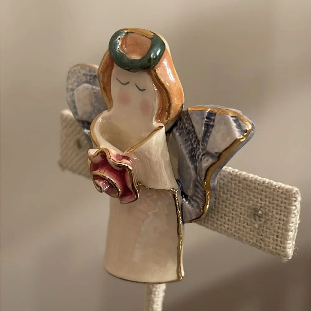 Vintage Ceramic Lusterware Angel with Rose Brooch Lapel Pin